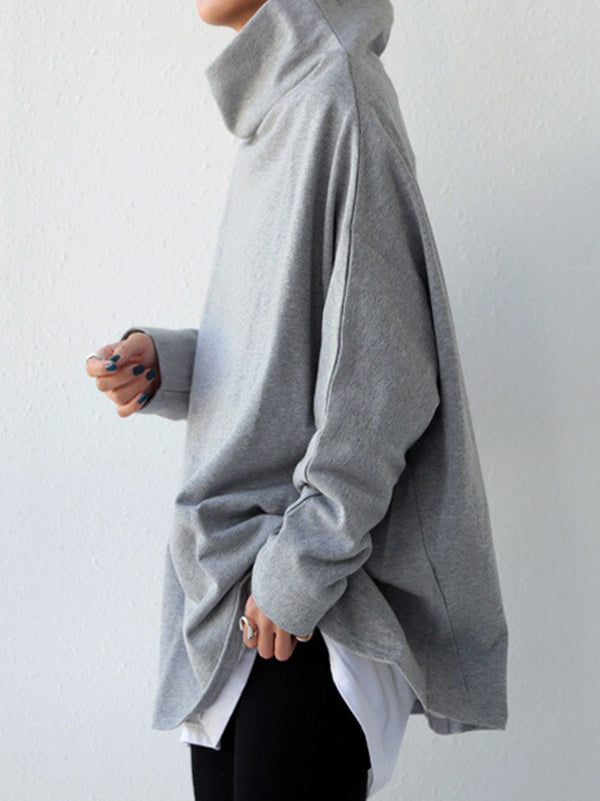 T-shirt urbain noir gris à col haut, à manches longues, oversize