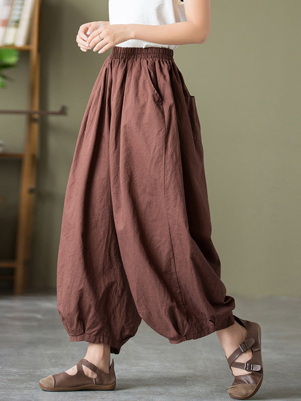 Knickerbockers à jambes larges et amples en lin, couleur unie, cordon de serrage plissé