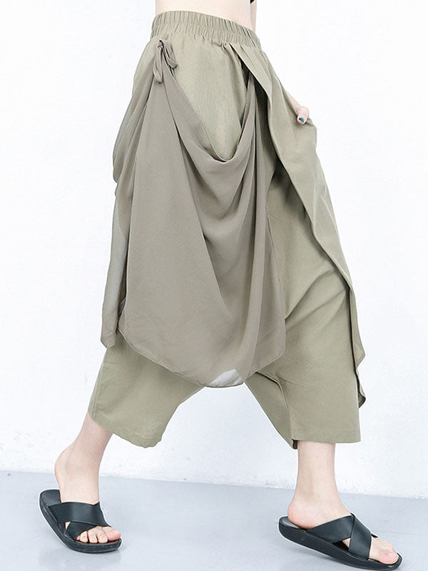 Pantalon 7/8 ample plissé couleur unie