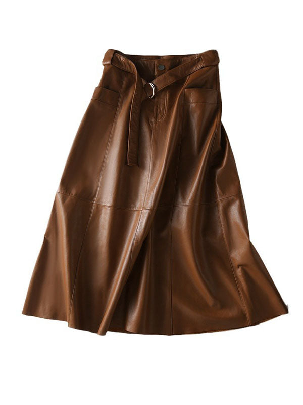 Jupe boutonnée coupe trapèze, taille haute, avec ceinture, à poches, à empiècements, à fermeture éclair, couleur unie