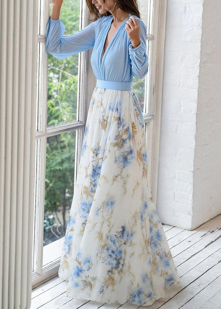 Sofie - Robe Maxi Femme avec Décolleté en V et Ourlet Fleuri