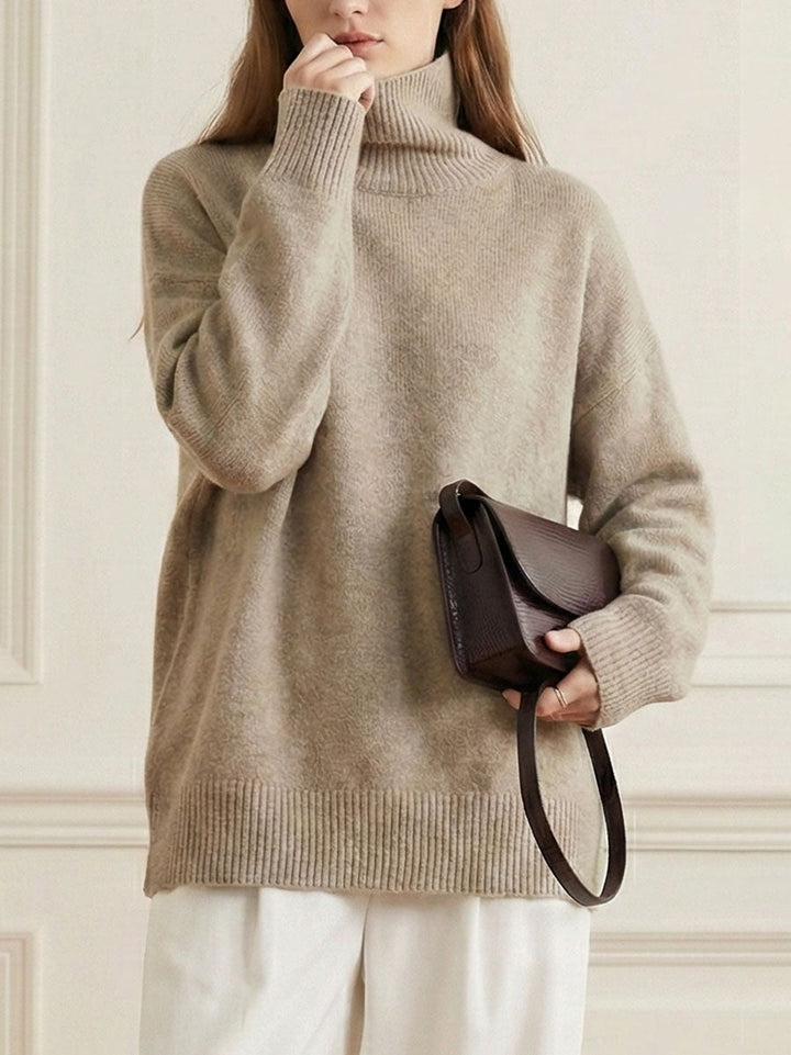 Pull décontracté ample à manches longues, à col haut, couleur unie