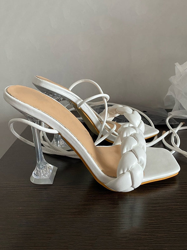 Sandales à talons à lacets, à bout ouvert, à empiècements, à bout carré