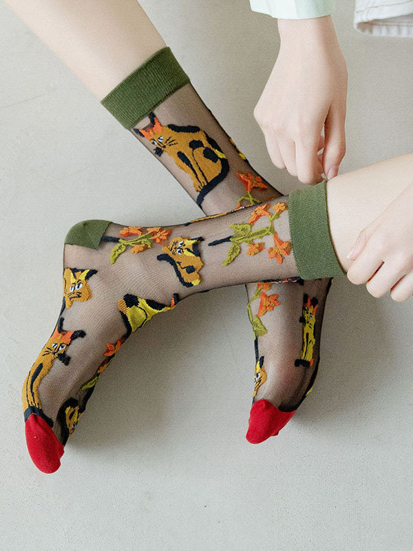 Chaussettes transparentes respirantes imprimées d'animaux, accessoires absorbant la sueur à empiècements