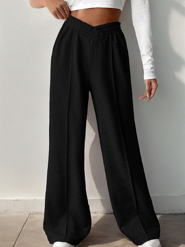Pantalon ample taille haute, à taille élastique, couleur unie