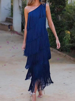 Robe longue ample asymétrique sans manches, à empiècements, à pompons, asymétrique à une épaule, couleur unie