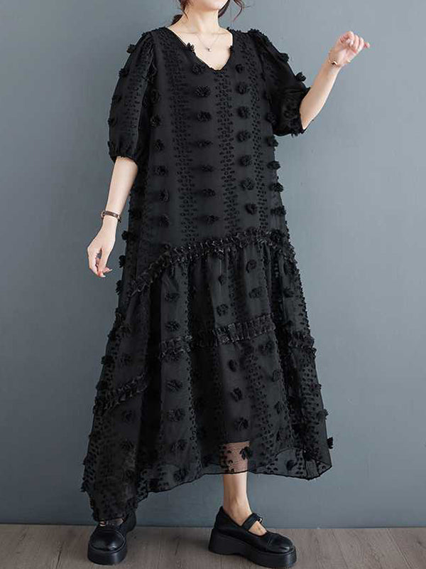 Robe mi-longue coupe trapèze, à manches mi-longues, à taille élastique, en jacquard, à empiècements, à col en V, couleur unie
