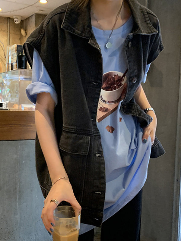 Gilet sans manches simple à empiècements, en jean, couleur unie