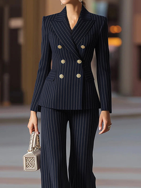 Blazer boutonné rayé à manches longues, à poches, à col cranté