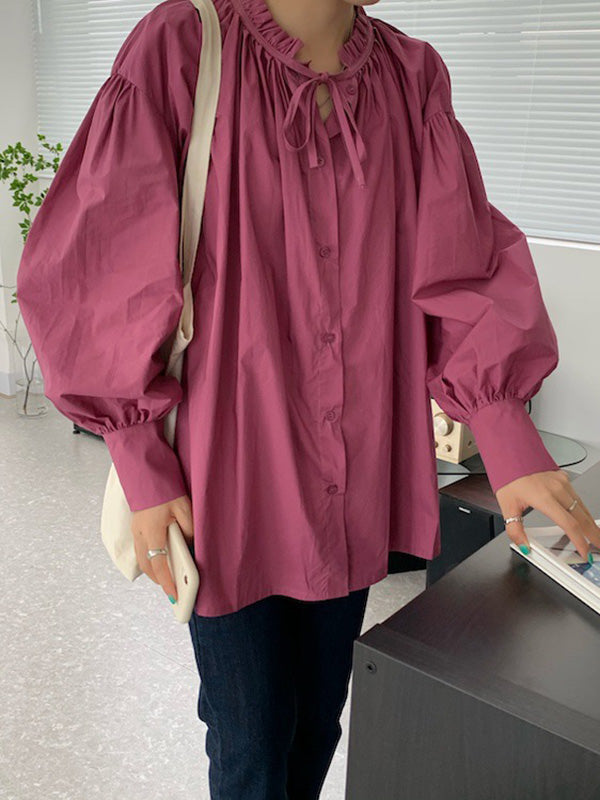Blouses urbaines amples à manches bouffantes et lacets agariques Volants de couleur unie