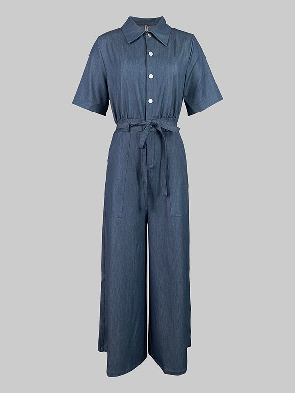 Combinaison à manches courtes, à taille nouée, à col en V, en jean, couleur unie