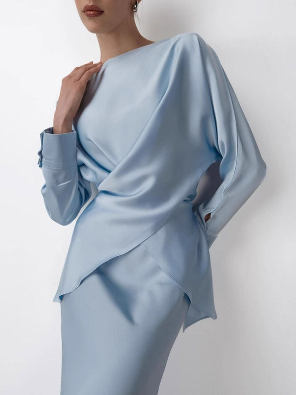 Ensemble deux pièces ample à empiècements, à col bateau, à manches longues, couleur unie – chemisier + chemise + jupe
