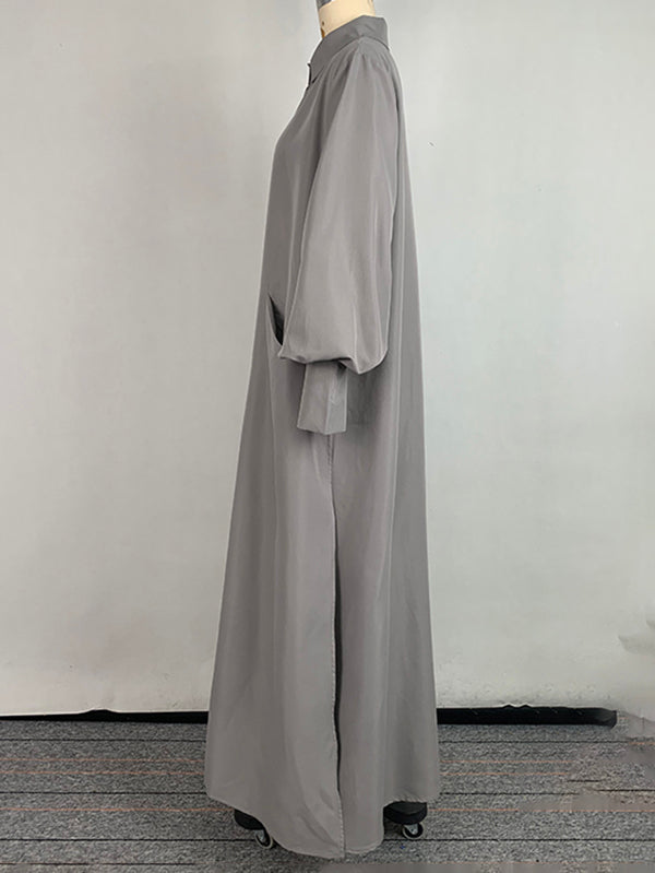 Robe chemise ample fendue sur le côté à manches longues, à empiècements, à col revers, couleur unie