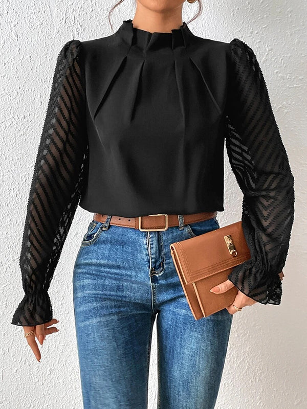 Chemisier ample plissé à manches longues, à taille élastique, en résille, à col cheminée, couleur unie