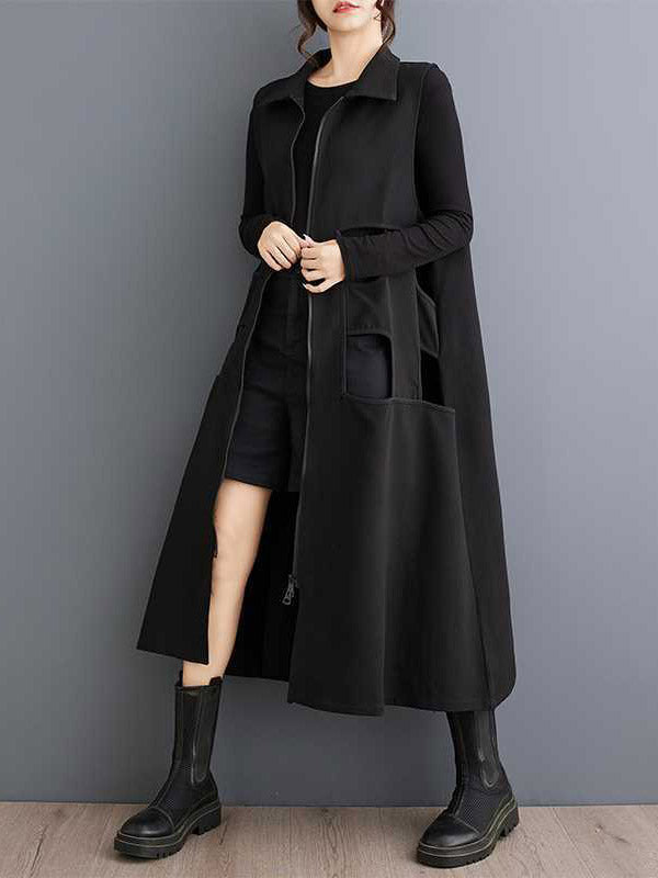 Robe mi-longue ample ajourée sans manches, à fermeture éclair, à col revers, couleur unie