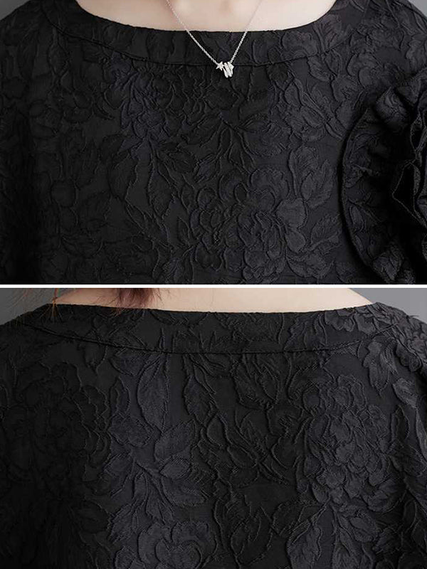 Robe mi-longue ample asymétrique plissée à manches chauve-souris, en forme de fleur, en gaze, en jacquard, à empiècements, à col rond, couleur unie