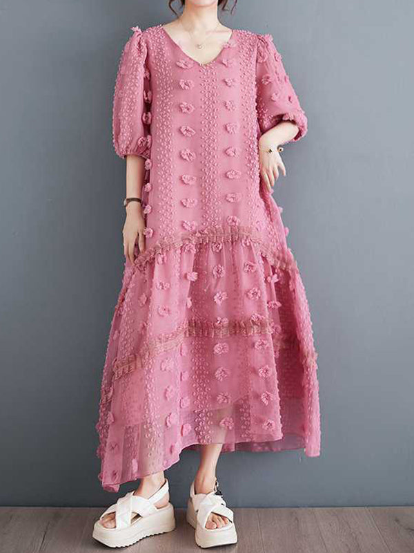 Robe mi-longue coupe trapèze, à manches mi-longues, à taille élastique, en jacquard, à empiècements, à col en V, couleur unie