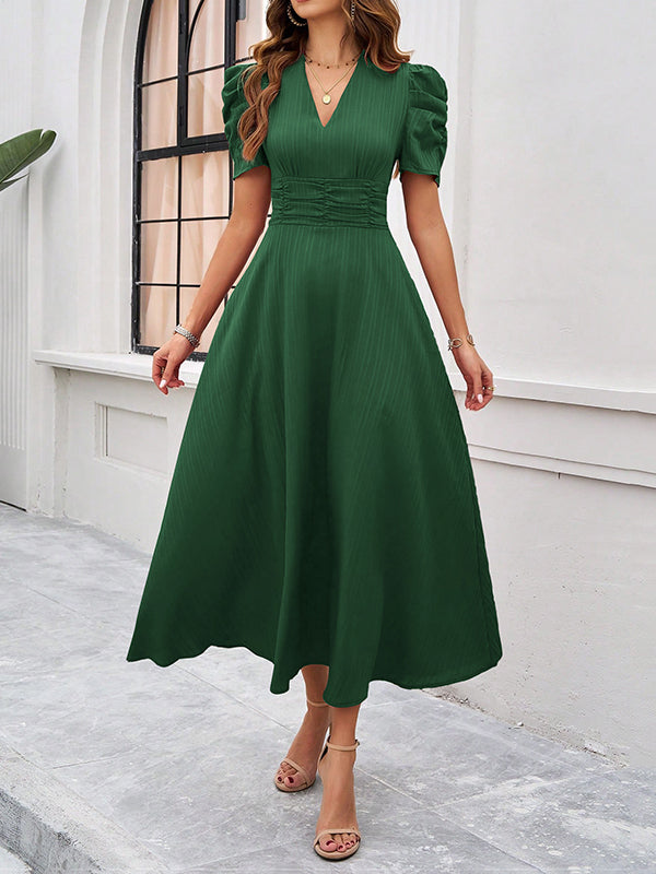 Robe longue plissée coupe trapèze, taille haute, à fermeture éclair, à col en V, couleur unie