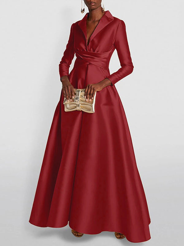 Robe longue plissée coupe trapèze, taille haute, à col en V, couleur unie
