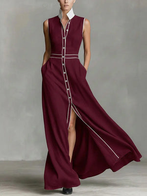 Robe longue boutonnée coupe trapèze, taille haute, à poches, à empiècements, à col revers, couleur contrastée
