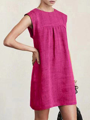 Robe courte décontractée ample à mancherons, à col rond, couleur unie