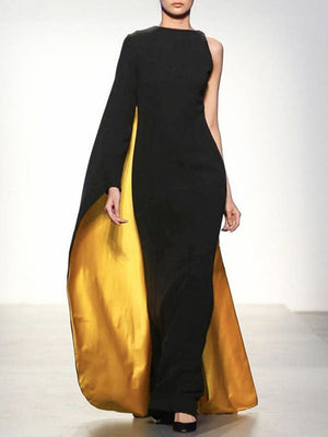 Robe longue asymétrique à coupe irrégulière, à col rond, couleur contrastée