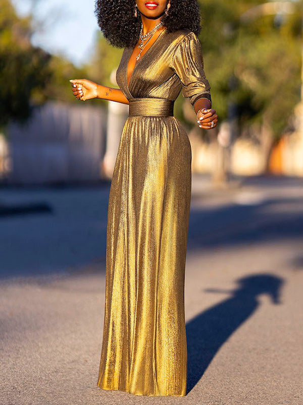 Bas brillant taille haute, à manches trois-quarts, à décolleté en V profond, couleur unie
