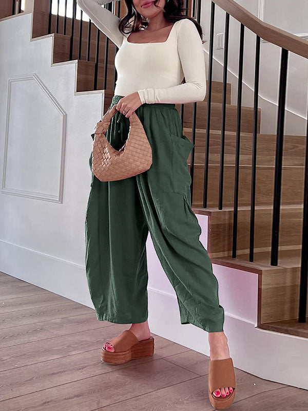 Pantalon ample plissé taille haute, à cordon de serrage, à taille élastique, à poches, couleur unie