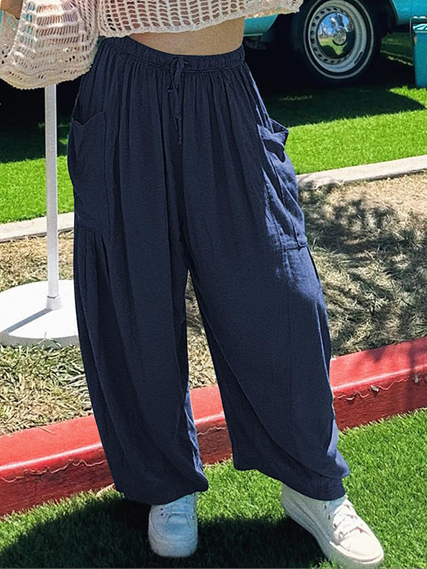 Pantalon ample plissé taille haute, à cordon de serrage, à taille élastique, à poches, couleur unie
