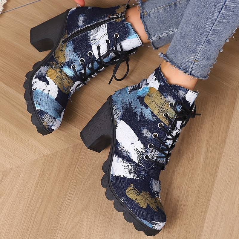 Bottines artisanales avec motif abstrait et talon épais pour femmes