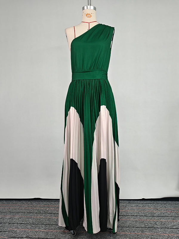 Robe longue asymétrique plissée imprimée sans manches, asymétrique à une épaule