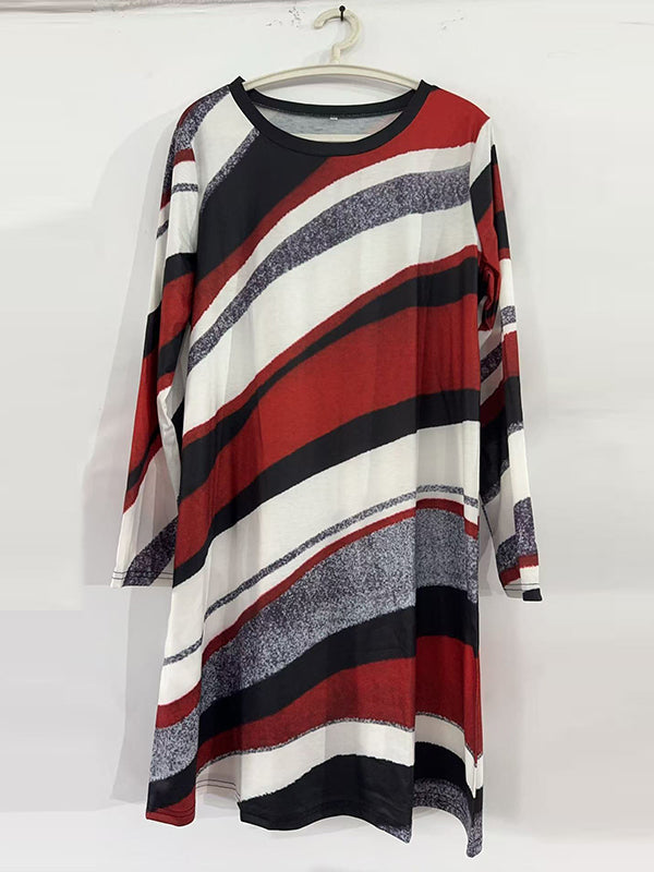 Robe mi-longue asymétrique imprimée rayée coupe trapèze, à coupe irrégulière, à empiècements, à col rond