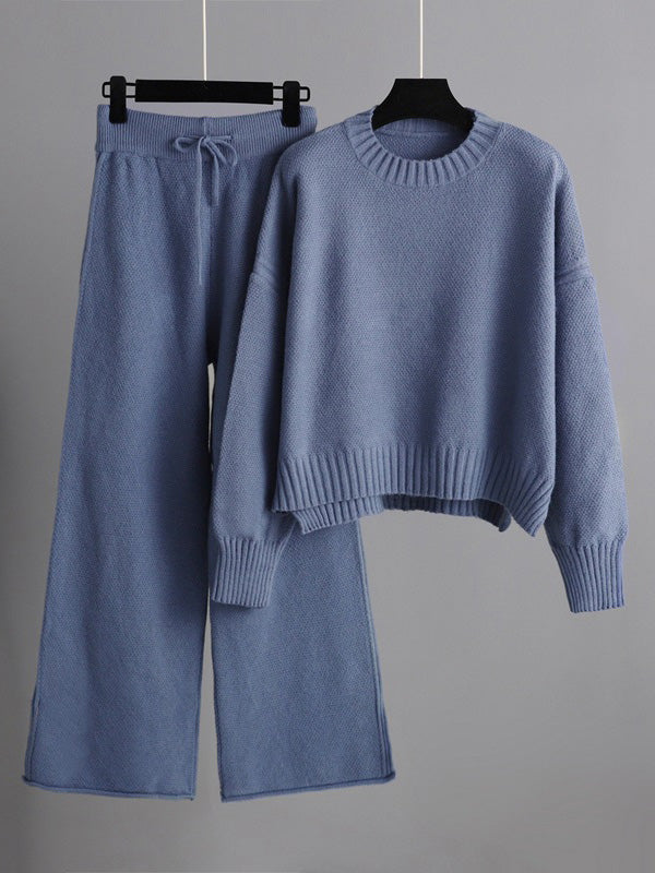 Ensemble deux pièces élégant ample à ourlet plongeant, à manches longues, à col rond, à jambes larges, couleur unie – pull + pantalon