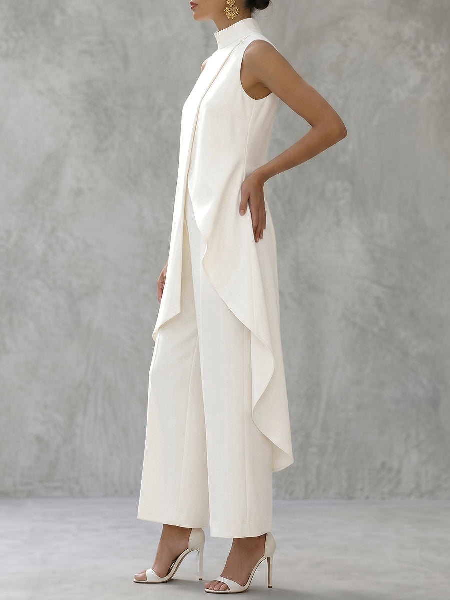 Ensemble deux pièces à col cheminée, à ourlet plongeant, taille haute, couleur unie – chemisier + pantalon