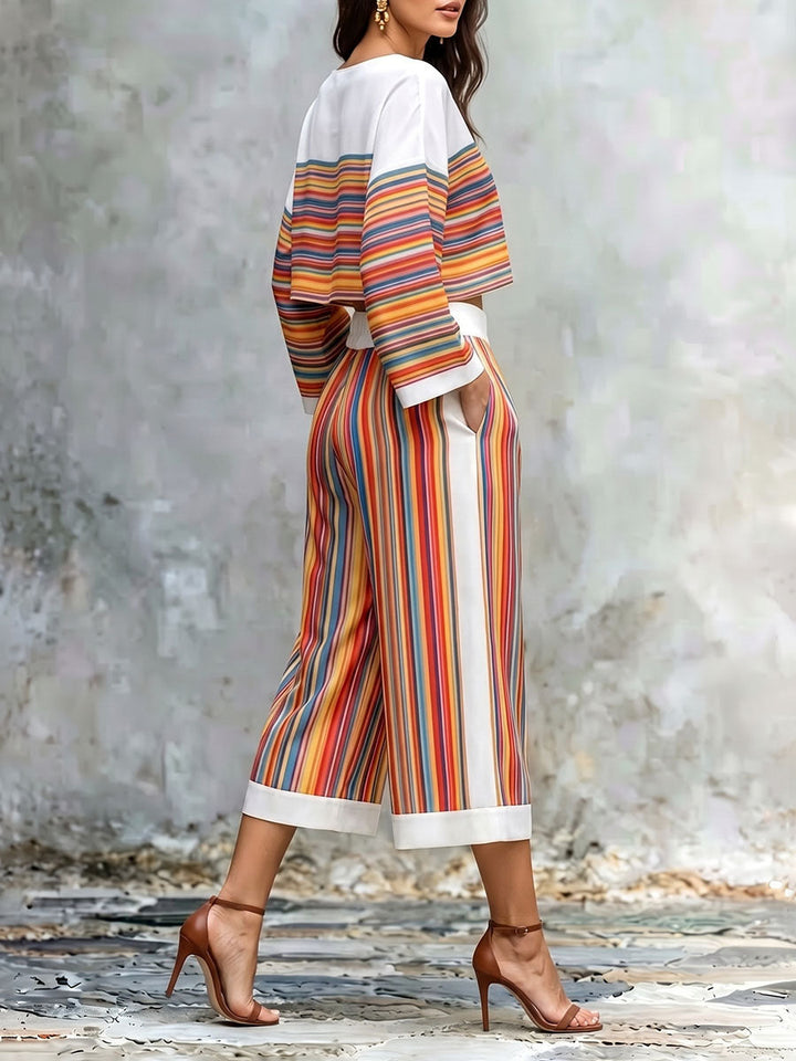 Pantalon court rayé multicolore ample à poches, à jambes larges