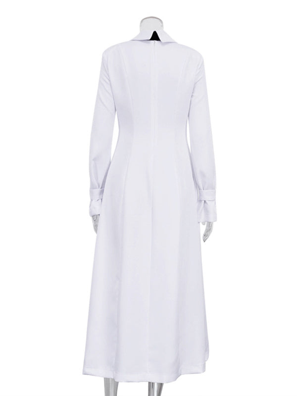 Robe chemise boutonnée fendue sur le côté coupe trapèze, à manches évasées, à empiècements, à col revers, couleur unie