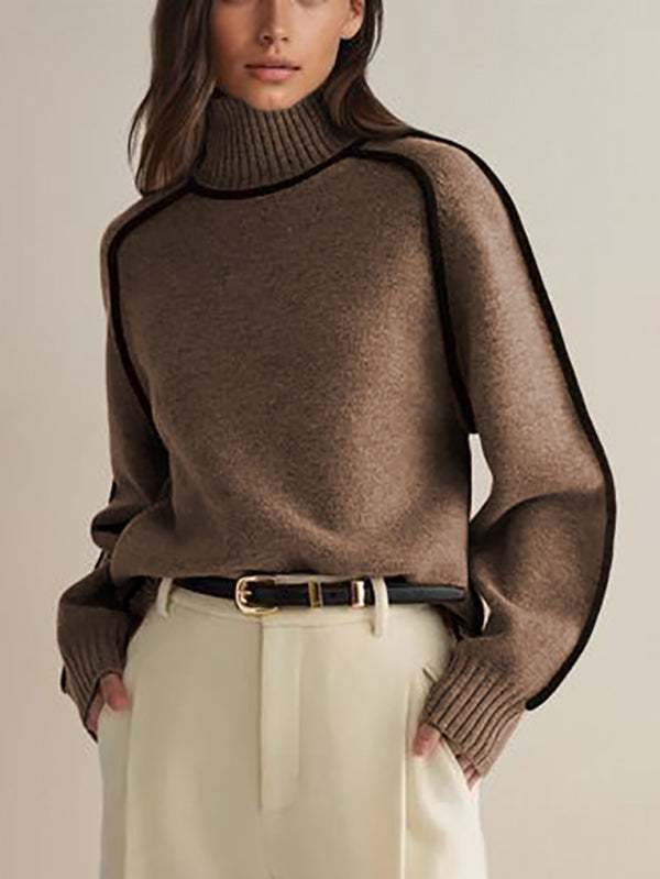 Pull ample à manches longues, à empiècements, à col haut, couleur contrastée