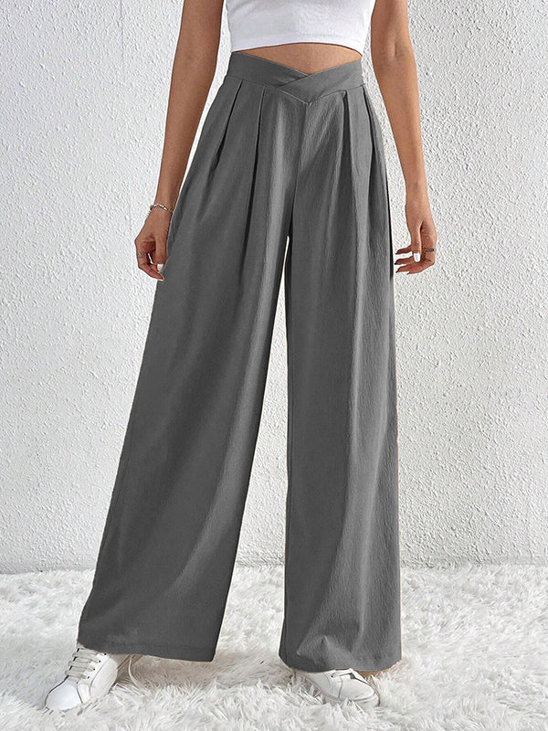Pantalon ample plissé à jambes larges, couleur unie
