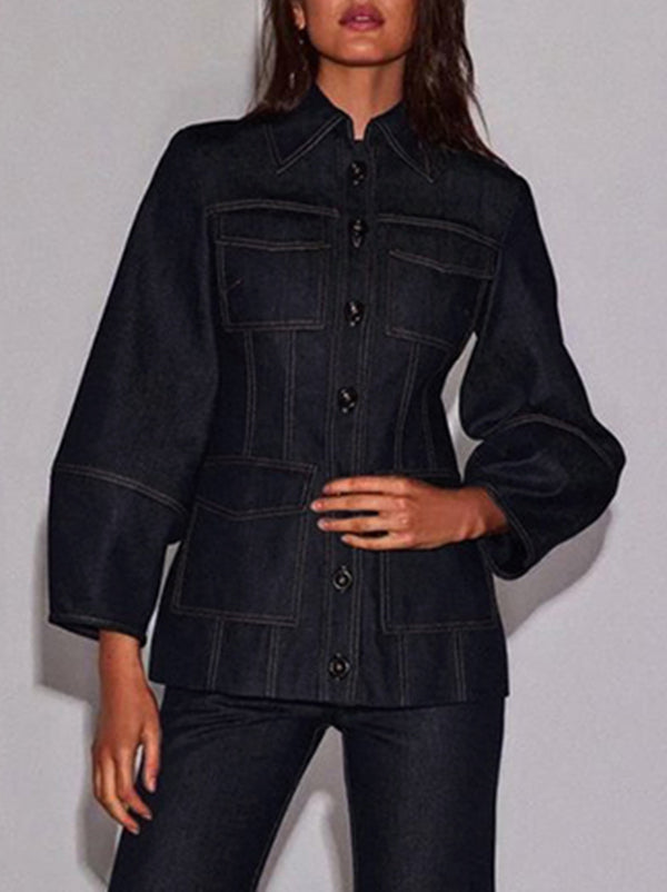 Veste boutonnée à manches longues, à manches bouffantes, à poches, à empiècements, à col revers