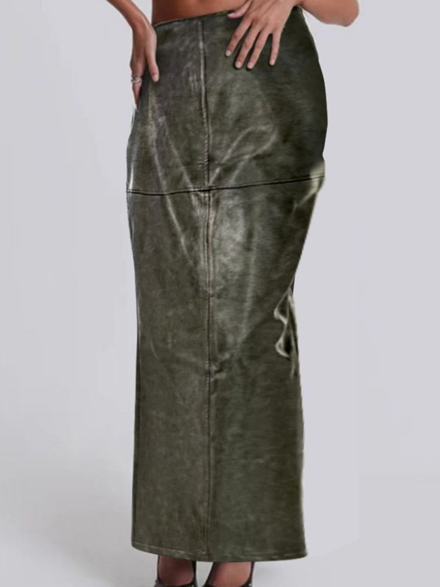 Jupe fendue sur le côté coupe droite, taille haute, à poches, à empiècements, à fermeture éclair, couleur unie