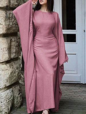 Robe longue à manches chauve-souris, à manches longues, à col rond, couleur unie