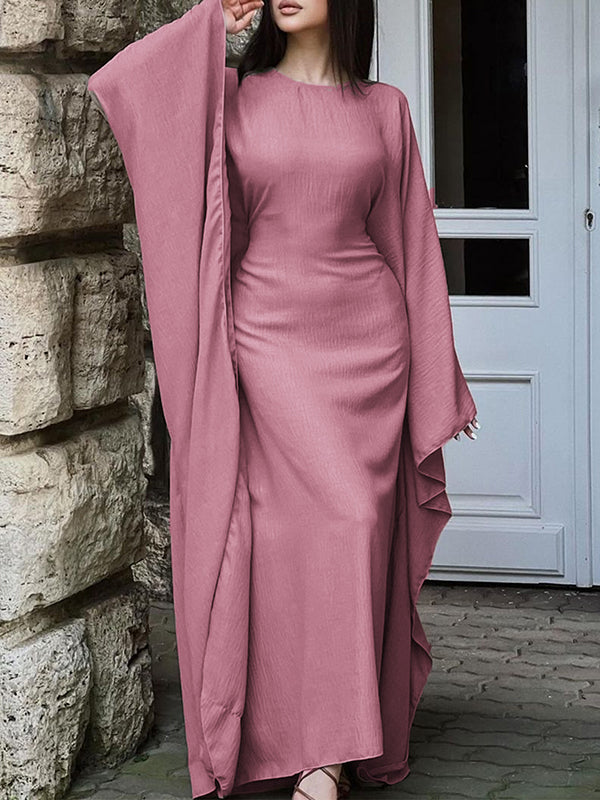 Robe longue à manches chauve-souris, à manches longues, à col rond, couleur unie