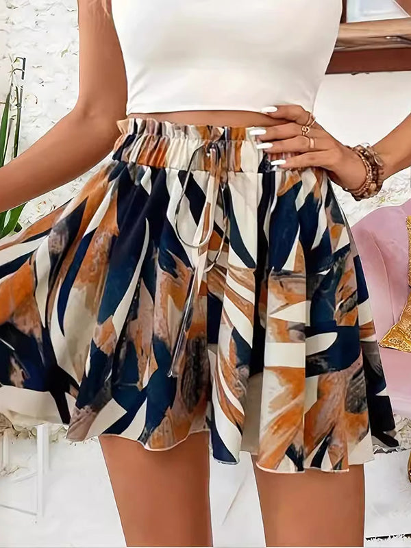 Short ample imprimé taille haute, à cordon de serrage, à taille élastique, à empiècements