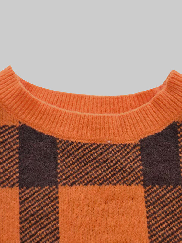 Pull à manches longues, à carreaux, à col cheminée, couleur contrastée