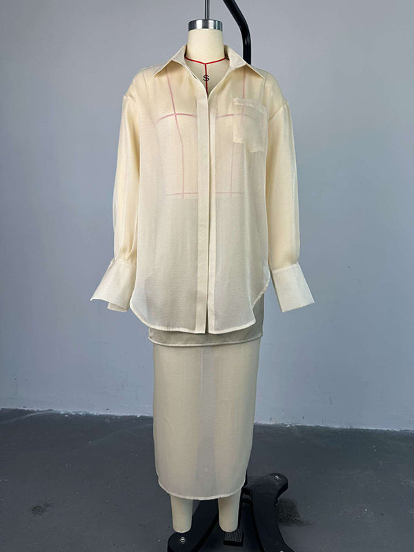 Ensemble deux pièces ample transparent à manches longues, à col revers, couleur unie – chemisier + jupe