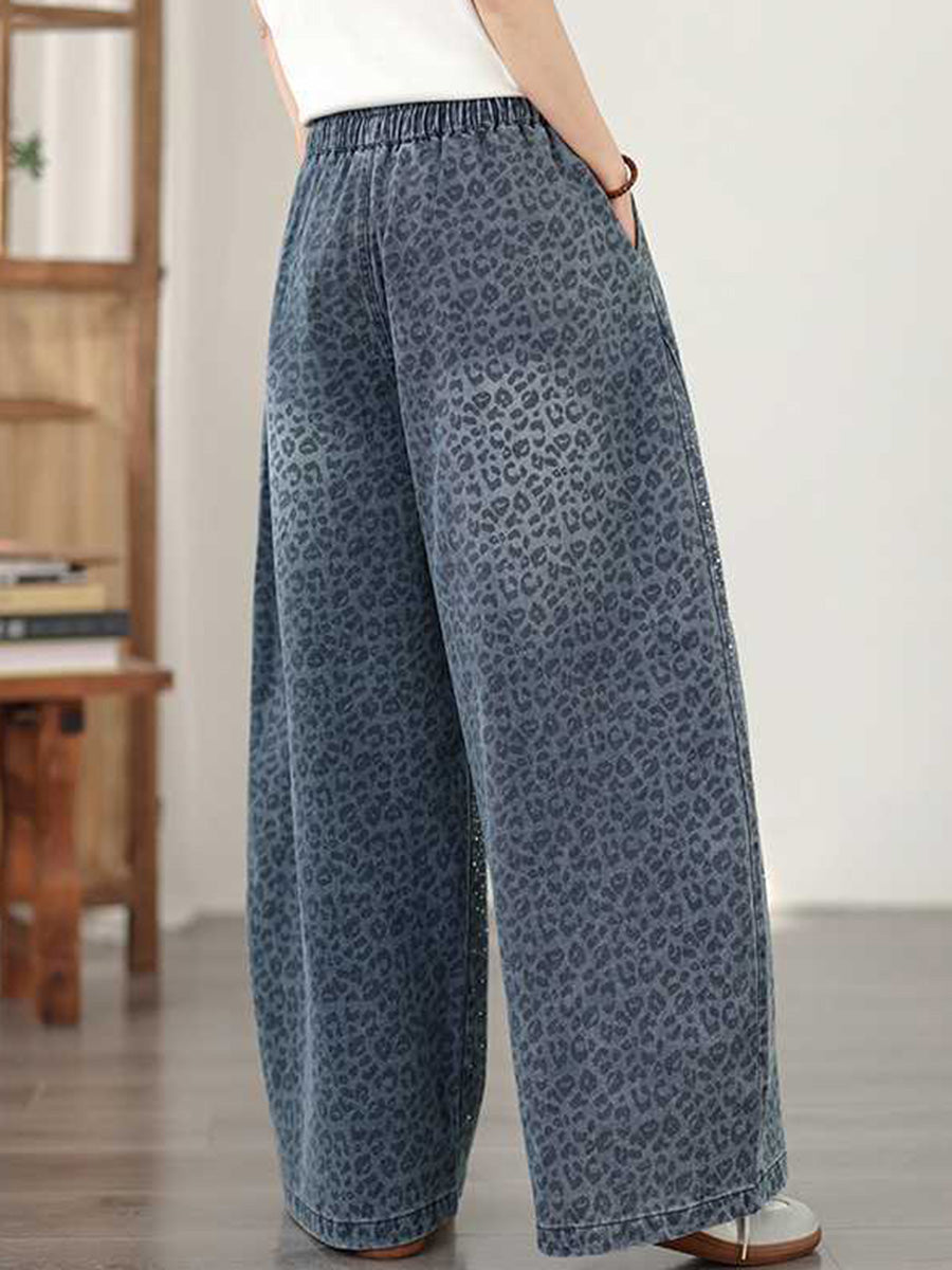 Jean brillant taille haute, à jambes larges, à taille élastique, à imprimé léopard, à poches, à strass, à taille nouée, couleur unie