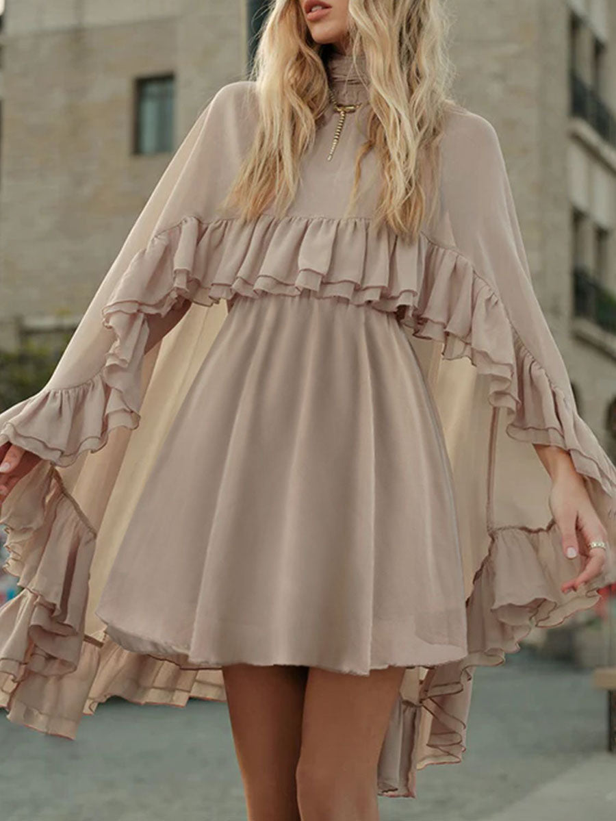 Robe courte ensemble deux pièces plissée volantée nouée taille haute, sans manches, à empiècements, à col cheminée, couleur unie