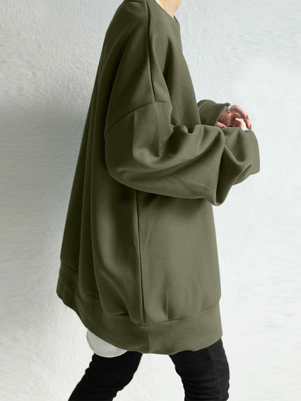 Sweat-shirt décontracté ample à col rond, couleur unie