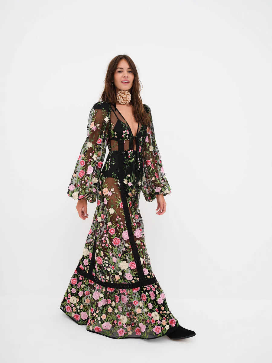 Sabrina - Robe maxi en dentelle transparente avec motifs floraux
