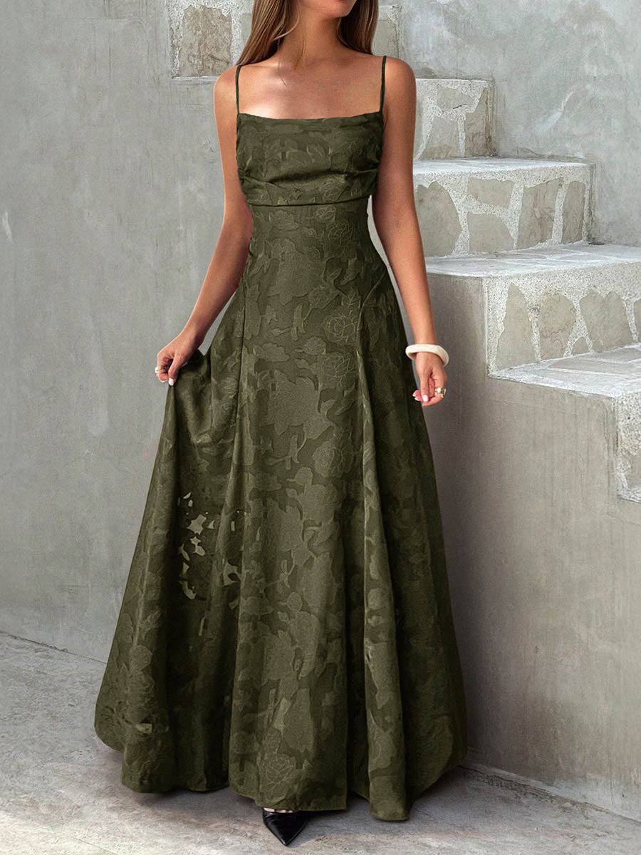Robe longue plissée coupe trapèze, taille haute, en jacquard, à fines bretelles, couleur unie